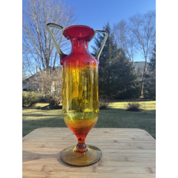 Vintage MCM Blenko Art Glass Amberina Tangerine Vase With Handles -13.75" Tall - Picture 2 of 8